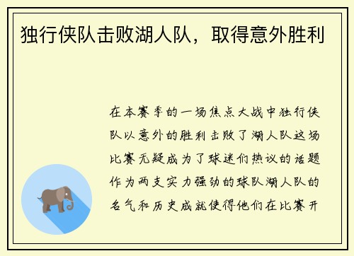 独行侠队击败湖人队，取得意外胜利
